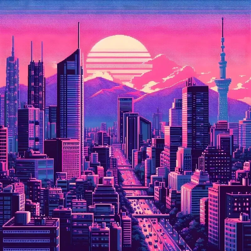 Neon Vaporwave Cityscape City Skyline 80s 90s Domes Poster Art