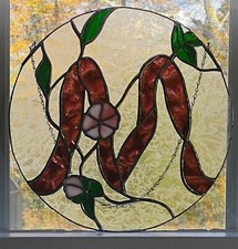 Vtg Round STAINED GLASS Wall Hanging Floral Art Sun Catcher "M" 10.25"