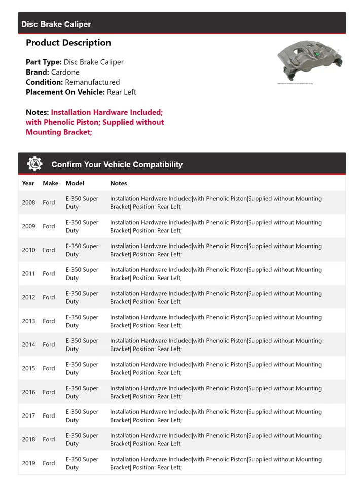 Pinza de freno de disco trasera izquierda Cardone 2009 para Ford E-350 Super Duty 2008-2019 Foto 2 de 4