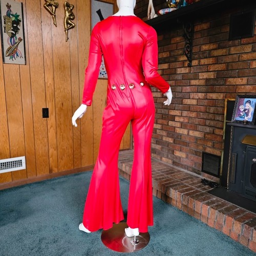 Vtg 70s Hip Hugger Funky Disco Wet Look Catsuit Soul Train Bellbottom Jumpsuit M - Picture 8 of 11