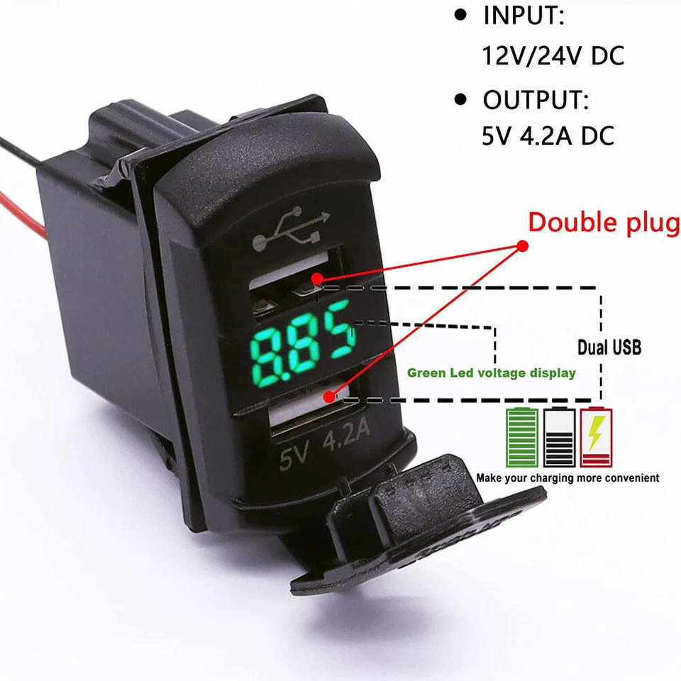 Enchufe Cargador Coche Doble USB 5V 4.2A Luz LED Verde Pantalla de Voltaje Impermeable Foto 3 de 4