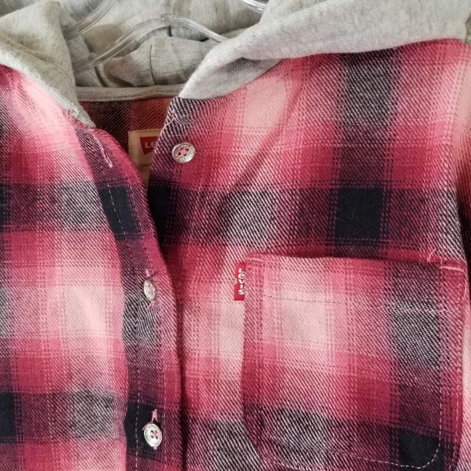 Levi’s Girls Flannel Shirt Hooded Button Up Pink Plaid Size 5 Small NEW - Image 2 of 4