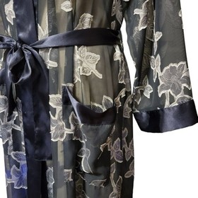 VTG Y2K Floral Robe Womens Sz S Black Gray Silver Sheer Long Satin Trim Tie Sexy