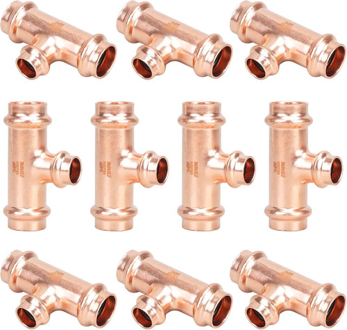 ( 10 Pack) Copper Press Fittings Zero Lead,3/4"X3/4"X1/2"Press Tee for Copper Tu