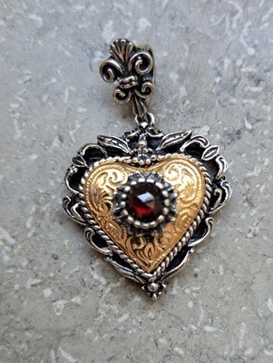 Antique Silver 835 Heart Pendant w/ Garnet, Gilded, European Vintage