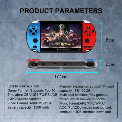 Gaminja X7 4,3 Zoll Handheld-Spielkonsole IPS Bildschirm Videospiel Player HD Spiel