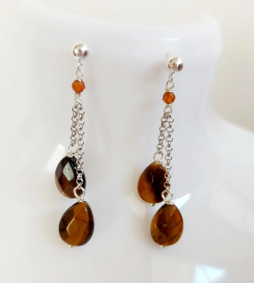 Orecchini in argento 925 occhio di tigre a goccia sfaccettata e cubic zirconia  - Immagine 4 di 4