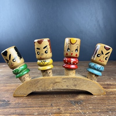 Vintage 4x Holz Handbemalt Wein Gin Rum Scotch Korken Stopfen Set 