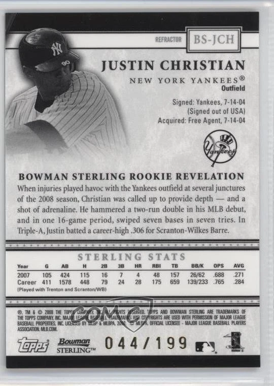 2008 Bowman Sterling Refractor /199 Justin Christian #BS-JCH Rookie RC - Image 2 of 2