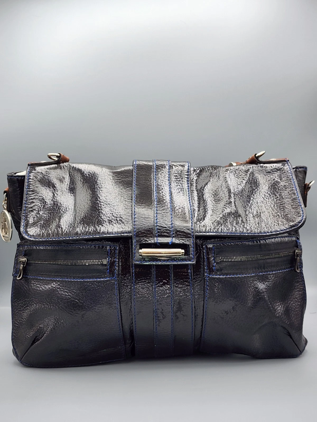 Lanvin — Lanvin Blue Patten Leather Crossbody Canvas Strap Bag Clutch
