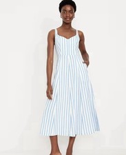 Old Navy Womens Fit Flare Sleeveless Linen Midi Dress Med Blue White Stripe NWT*