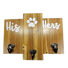 HIS HERS and DOG PAW Wooden Keyholder Leash and Wall Key Rack Hanger 3 Hooks