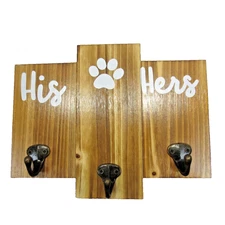 HIS HERS and DOG PAW Wooden Keyholder Leash and Wall Key Rack Hanger 3 Hooks
