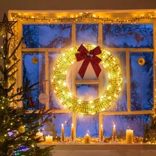 Christmas Wreath 24in Pre-Lit w/ Lights, Bows for In/Outdoor Holiday Decorations