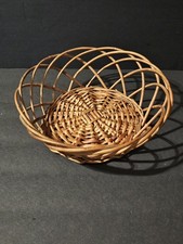 Vintage Wicker Open Weave Basket Round Fruit Bread Bowl 9" Rustic Cottage