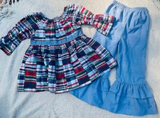 Kellys Kids Girls Ruffle Pants 6 , Bell Sleeve Madras Top 7-8 Set, NWOT