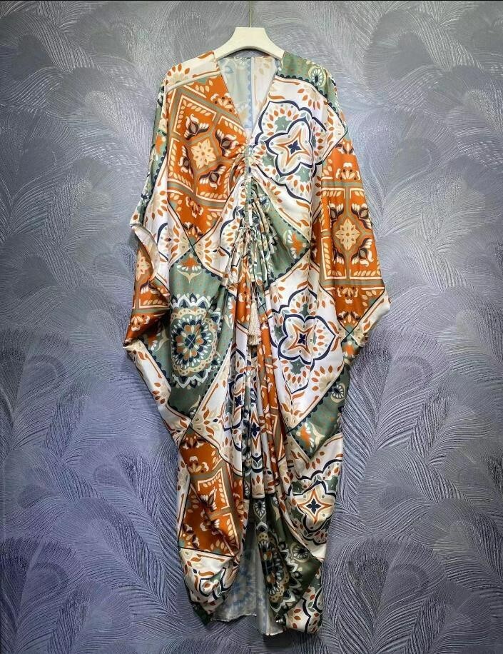 vintage Women ruched Maxi Dress Kaftan silk blended Gown