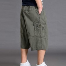 Men Casual 3/4 Length Cargo Pants Shorts Loose Pockets Cotton Trousers Plus Size