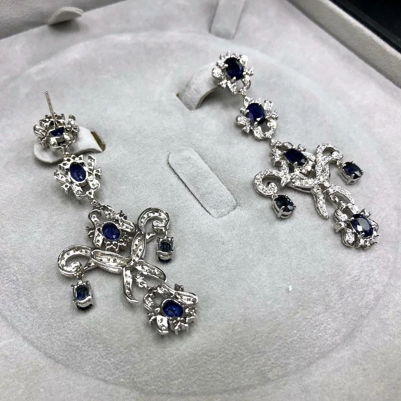 Chandelier 18.03TCW Royal Blue Branded Blue Sapphire & CZ Handmade Fine Earrings - Image 4 of 4