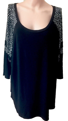 NWT Avenue Women's Plus Size 30/32 Blouse Top 3/4 Sleeve Black Geometric Viscose