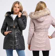 Womens Faux Fur Parka Coat Quilted Jacket Size 16 14 12 10 8 Black Champagne