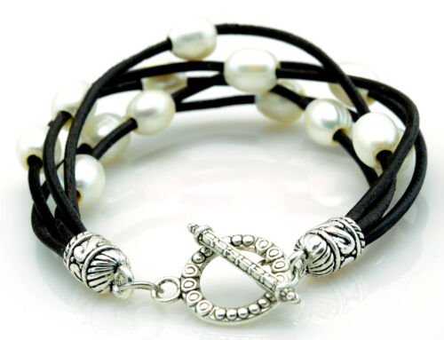 Mutli Strand Black Leather Freshwater Pearl Bracelet Etched Silver Toggle Clasp - Picture 1 of 3