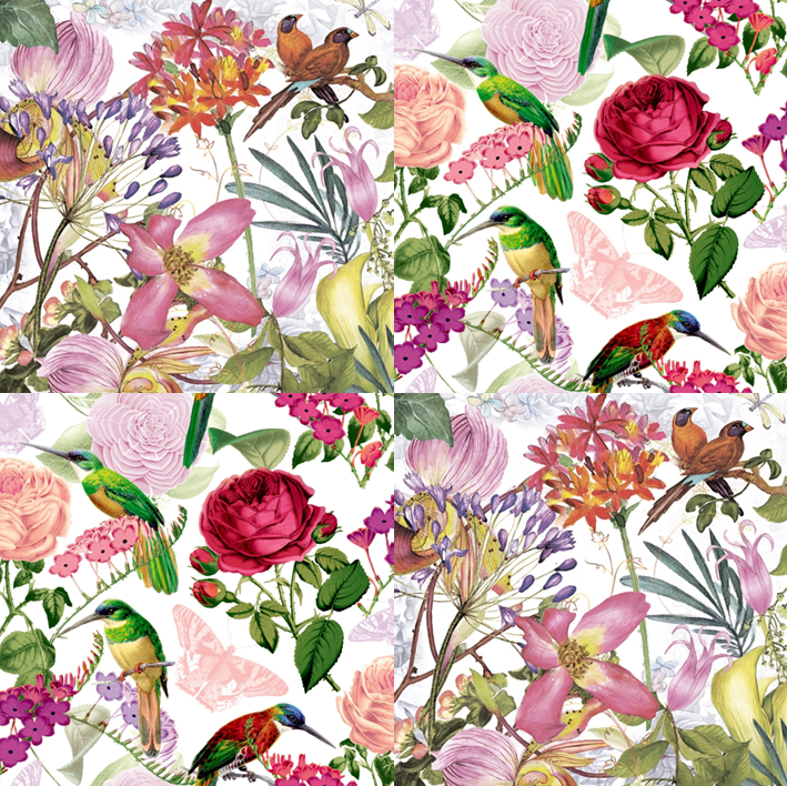 4 x Mixed Paper Napkins/3Ply/33cm/Decoupage/Tropical Birds and Flowers
