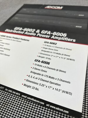 ADCOM GFA-6002/6006 AMPLIFIERS PRODUCT SPECIFICATIONS J01202