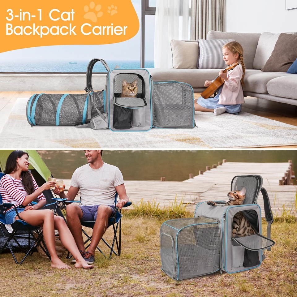 Cat Backpack Carrier with Litter Box, Expandable Portable Cat Carrier