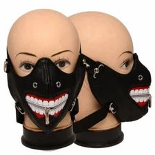 Black PU Leather Punk Mask Half Face Teeth Grin Zipper Halloween Cosplay BIKER 