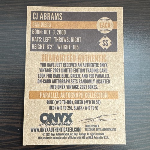 CJ Abrams 2021 Onyx Vintage Extended Red Ink Auto /25 Auto Nationals Padres - Picture 2 of 2