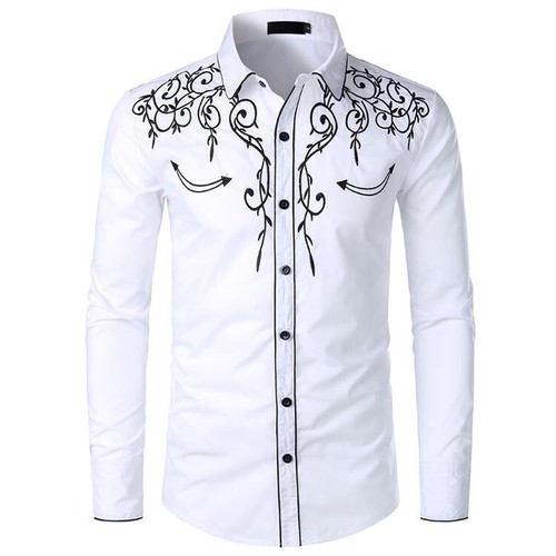 Men Embroidery Shirt Tops Western Cowboy Casual Cotton Button Down Vintage Slim - Picture 15 of 16