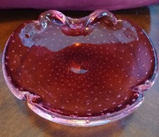 Murano Cranberry Bullicante Glass Dish, Ashtray 1960's Controlled Bubbles