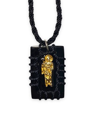 St Jude Black Wood Scapular Necklace Reversible Gold Plated Charm Escapulario