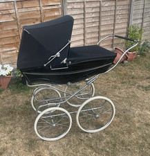 Silver Cross black pram with hood canopy 4-wheel chrome chassis rubber tyres B26