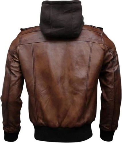 Herren Cafe Racer abnehmbare Kapuze Bomber Motorrad braun Lammleder Lederjacke - Bild 4 von 5