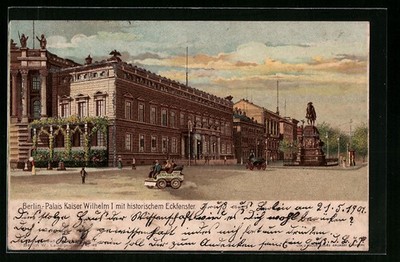 Lithographie Berlin, Palais Kaiser Wilhelm I. mit historischem Eckfenster 1901 