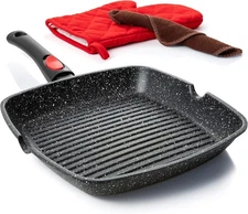 Moss & Stone Square Grill Pan for Indoor Cooking, 11-Inch Nonstick Black 