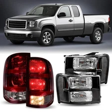 Set For 2007-2013 GMC Sierra 1500 Black Headlights+Smoked RED Tail Lights Lamps