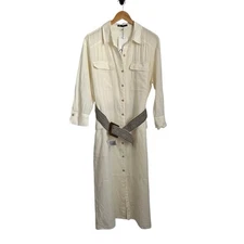 Zara Womens Linen Blend Belted Shirtdress Sz XL Cream 3/4 Sleeve Button Up