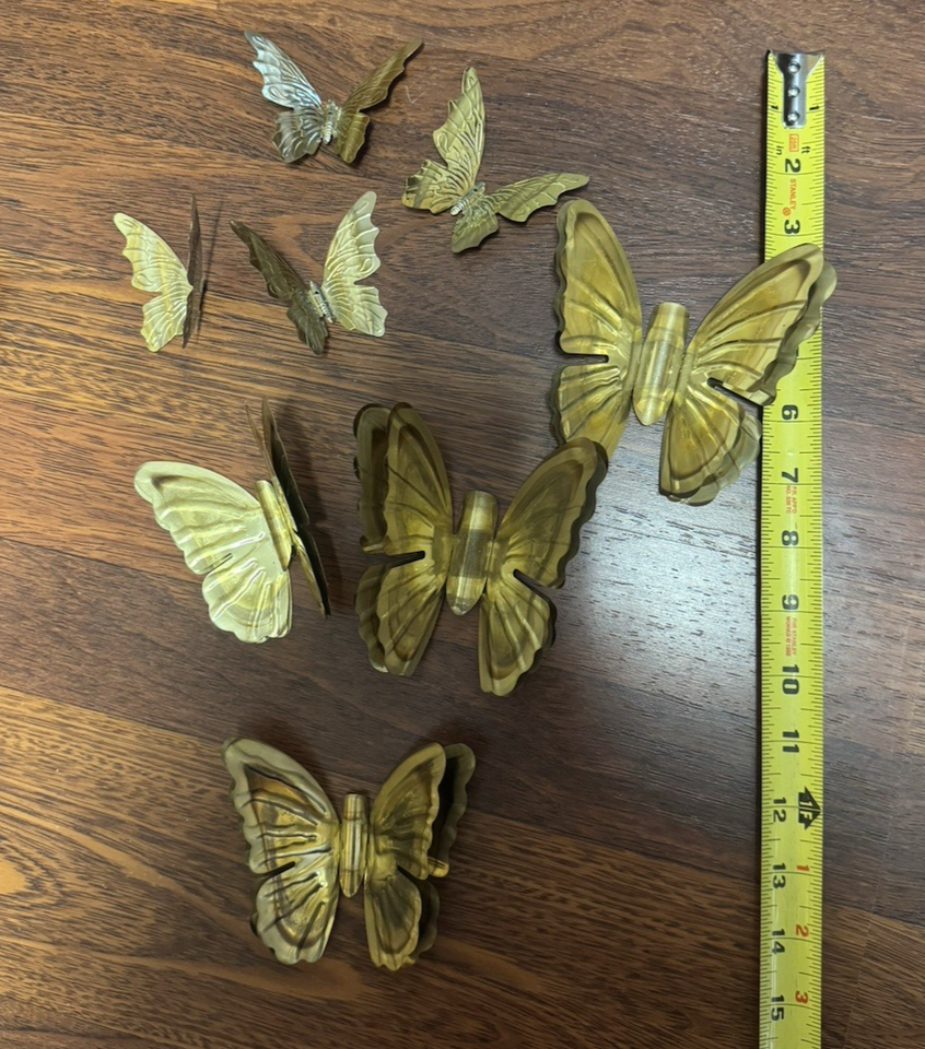 Vintage Home Wall Art Decor Goldtone Metal Butterflys Spring 8 pc 3D