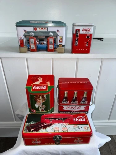 Lot of 5 Coca-Cola Collectible Tin Boxes Vintage Coke Advertising Metal Tins Set