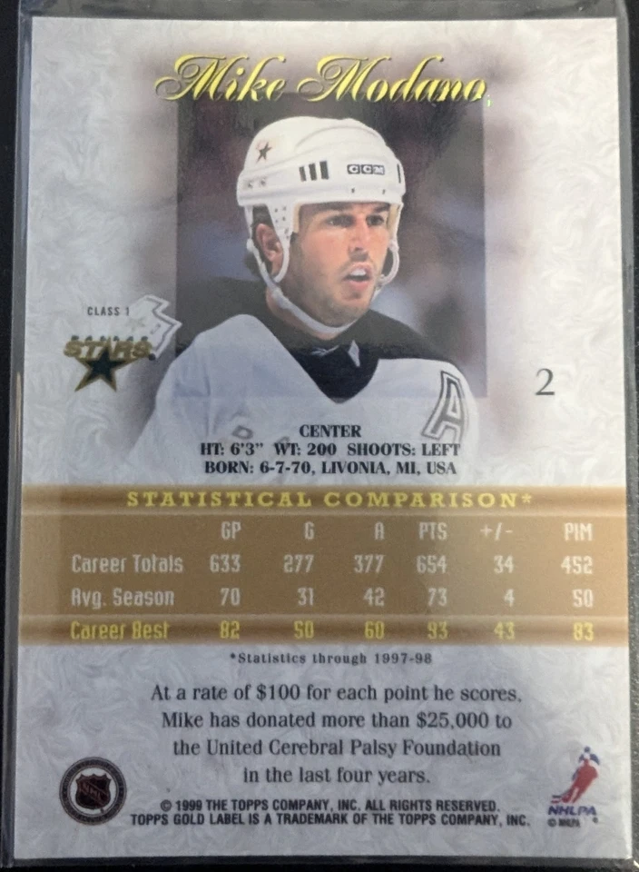 1998-99 TOPPS GOLD LABEL BLACK VARIANT #2 MIKE MODANO STARS MINT! - Image 2 of 2