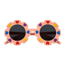 FLOWER HEARTS - Kids Girls Small Round Heart Flower Sunglasses Pink Smoke