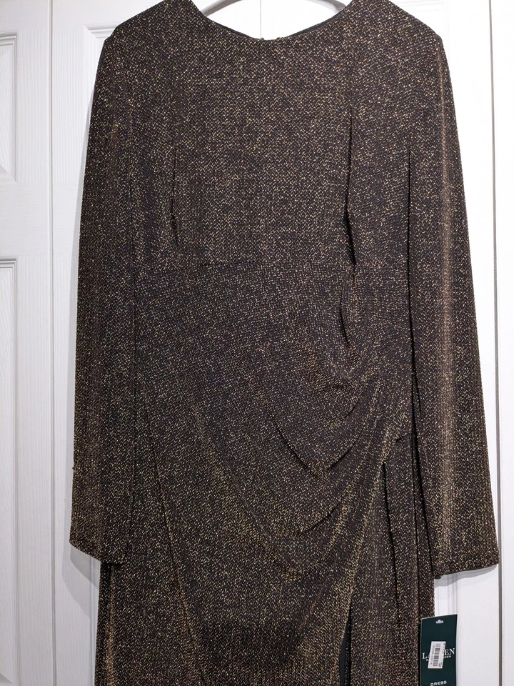 Lauren Ralph Lauren Dress Womens 14 Black Gold Metallic Ruched Long Sleeve NWT - Image 4 of 4