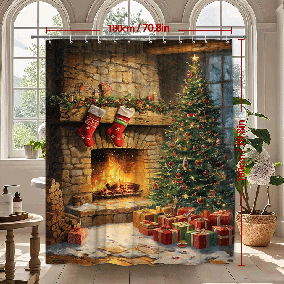 Acogedora cortina de ducha para chimenea y árbol con medias y regalos, decoración navideña Foto 3 de 4