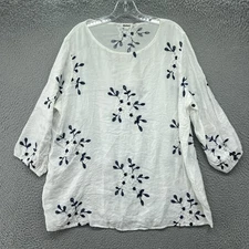 Kindred Blouse Womens 3X White Blue Floral Embroidered Tunic Top Boho 3/4 Sleeve
