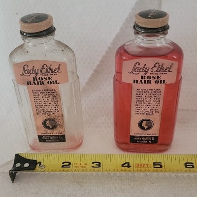 Lady Ethel Rose Hair Oil Advertising Bottles Clear Pink Collectible Cosmetics