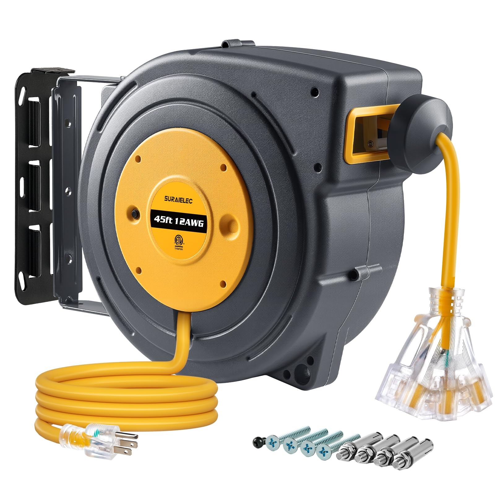 12 Gauge Retractable Extension Cord Reel 45FT, 15A Circuit Breaker, ETL Listed