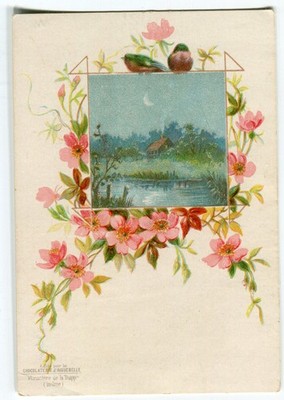 Glanzbilder Oblaten Litho Landschaft Mond Fluss Haus Blumen  Vögel 10,7 cm